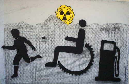 The Iraqi Desert At 6am" 2003, Charcoal/Oil on Bed-sheet. 68"X 92"